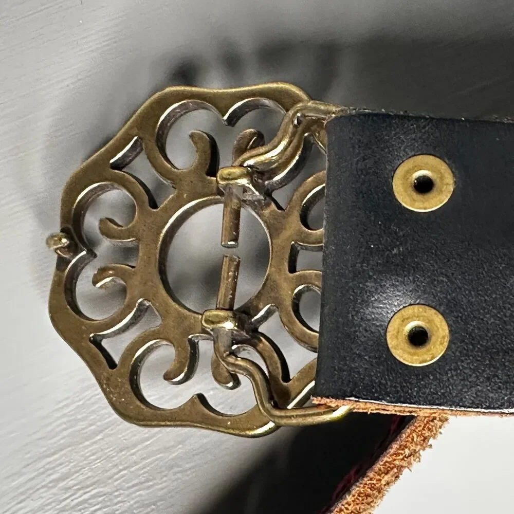 Lucky Brand Embroidered Peacock Black Leather Belt Large Studs Boho